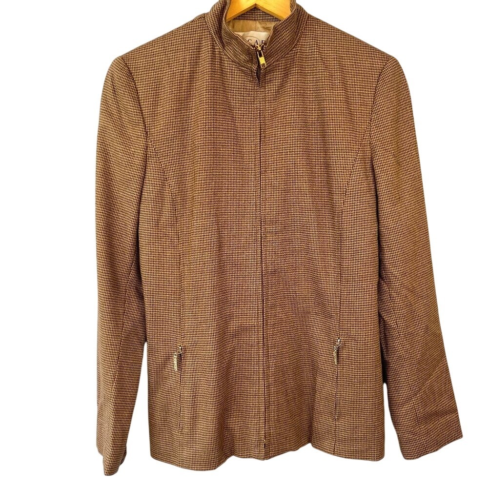 Vintage Oscar de la Renta Brown Houndstooth Wool Blazer Size 8 Workwear Career‎